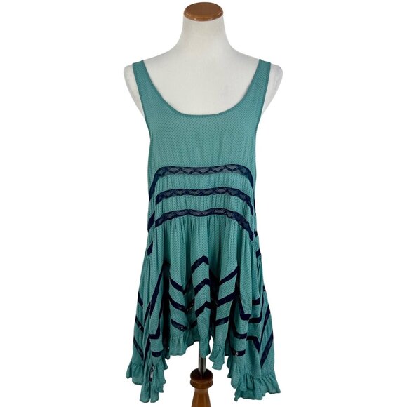 Free People Aqua Voile & Lace Tiered Ruffle Hem Polka Dot Mini Slip Dress Tunic - Picture 2 of 14